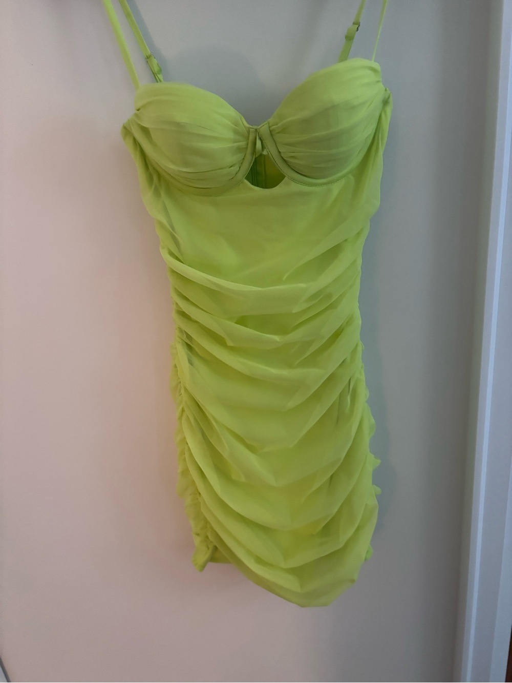 Oh Polly Neon Lime Ruched Bustier Mini Dress